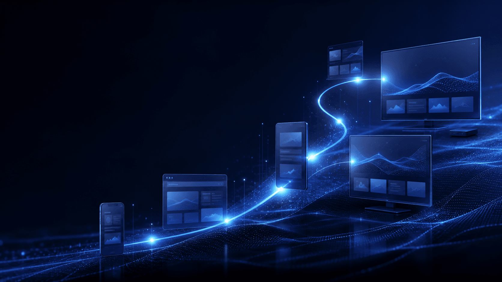 Mobile, web, app and connected television advertising screens linked by one media allocation signal.